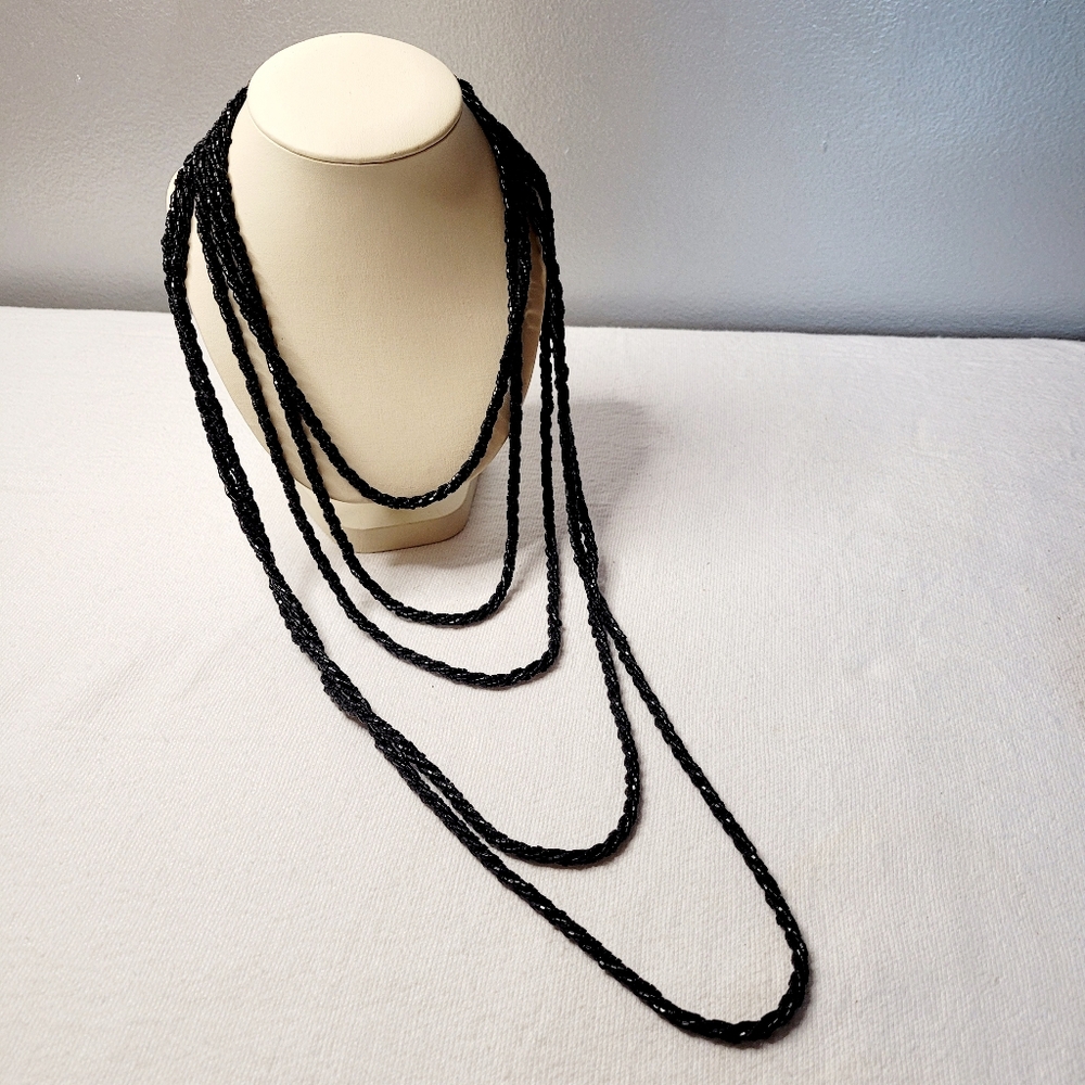 Five-strand Tiered Black Bead Necklace W/ Gold Tone Flower Clasp 35" Vintage